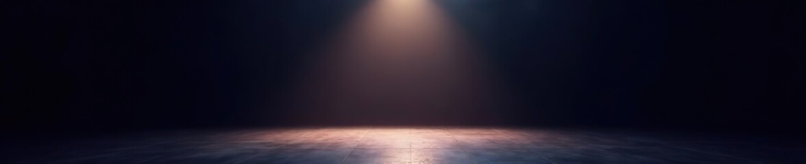 dimly lit stage with single spotlight shining down on empty floor, isolation, emptiness, stillness