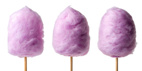 Purple Cotton Candy with Fluffy Texture in Three Styles for Colorful Treats, PNG Transparent
