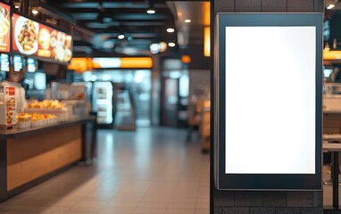 Blank advertising panel inside fast-food restaurant; digital vertical OOH billboard