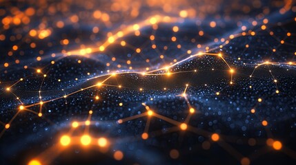 Obraz premium Futuristic digital network background with glowing orange data connections and abstract technology waves
