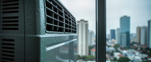 Water droplets on air conditioner unit with cityscape view, rainy ambiance