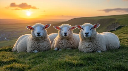 Fototapeta premium Sheep Sunset Hillside Meadow