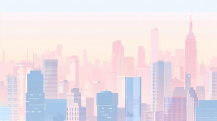 Fototapeta premium Minimalist cityscape with simple skyscraper silhouettes, clean lines, soft pastel colors