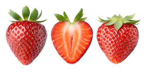 Three Distinct Styles of Fresh Strawberries on White for Sweet and Juicy Shots, PNG Transparent