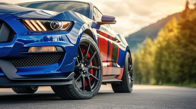 A detailed close-up view of a blue Mustang parked on a scenic road, showcasing its sleek design and vibrant color under natural lighting.