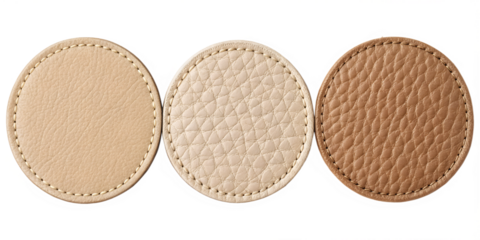 Textured Round Beige Leather Patch in Three Distinct Styles for Elegant Accessories, PNG Transparent