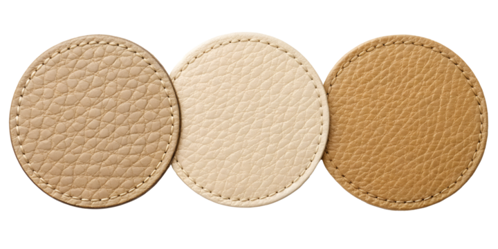 Round Beige Leather Patch with Textured Detailing in Three Styles for Stylish Fashion, PNG Transparent