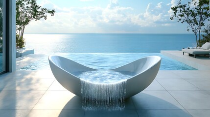 Bathtub with built in cascading water effects infinity design concept on modern pool background