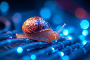 Close-up of snail crawling on electric wires surrounded by blue bokeh, creating a magical atmosphere
