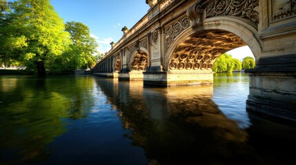 Fototapeta premium Serene view of a historic stone bridge reflecting in calm waters surrounded by lush greenery
