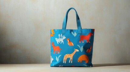 Teal tote bag with animal print on studio background