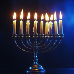 Glowing Menorah for Hanukkah Celebration. A menorah with lit candles against a blue background, suitable for Hanukkah-themed designs and festive decorations.