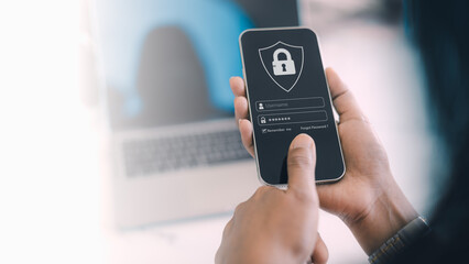 Cybersecurity and privacy concepts to protect data, Human hand show protecting personal data on smartphone, Lock icon and internet network security technology, virtual screen interfaces.