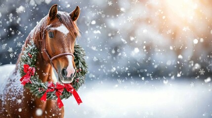 A majestic horse adorned with a festive wreath and ribbons, surrounded by falling snowflakes