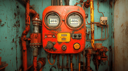 vintage industrial control panel with dual gauges and rusted pipes in weathered setting. panel features dials and buttons, indicating its use in monitoring or controlling machinery