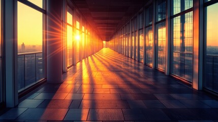 Aerial perspective of an elongated hallway showcasing a panoramic view of a vibrant city skyline.