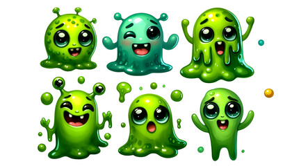 Obraz premium Watercolor Clipart of funny cartoon green slime characters. Watercolor clipart illustration isolated on a white background