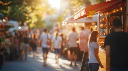 Crowded city street food market, sunny day
