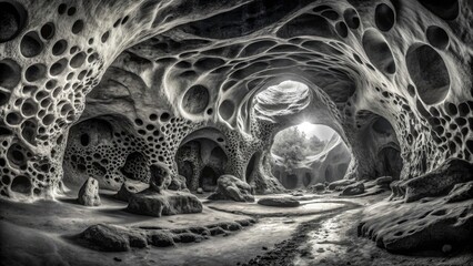 Naklejka premium Panoramic Abstract Black & White Cave Photography: Intricate Tunnels & Holes