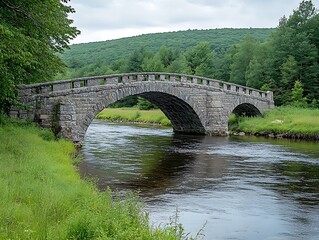 Fototapeta premium Stone Arch Bridge over River in Woods