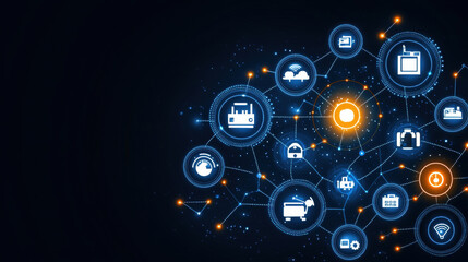 Fototapeta premium digital network of interconnected smart factory icons illustrates modern industrial technology and automation. image features various symbols representing machinery, data exchange, and