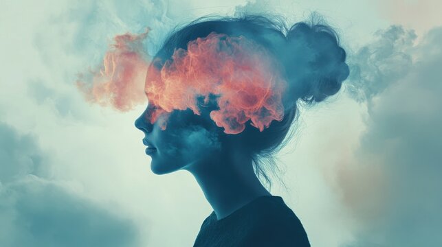 woman silhouette and her head in clouds, illustration. Neurological disorders. Fog brain, concentration and memory loss. Dementia, depression, pain and mind mental illnesses.