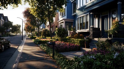 Obraz premium Charming suburban street lined with colorful houses and vibrant gardens during golden hour