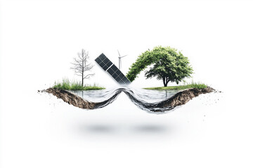 recycle symbol, solar cell sawmill, river and trees on a white background