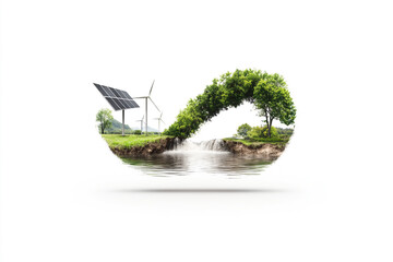 recycle symbol, solar cell sawmill, river and trees on a white background