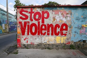 Red stop violence painted on a weathered graffiti wall promoting peace and protesting against aggression