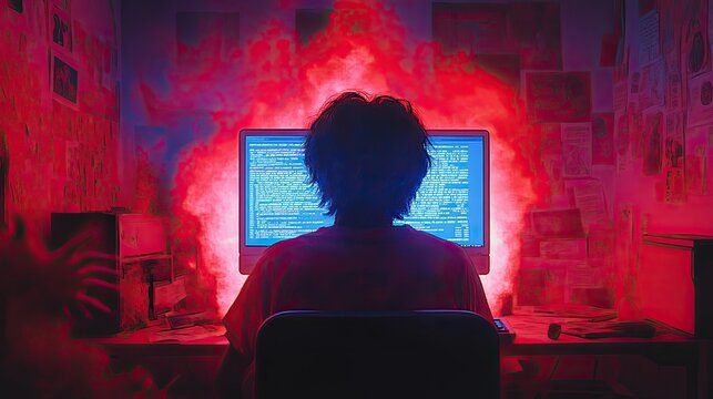 Cyberpunk Programmer Coding in Red Lit Room
