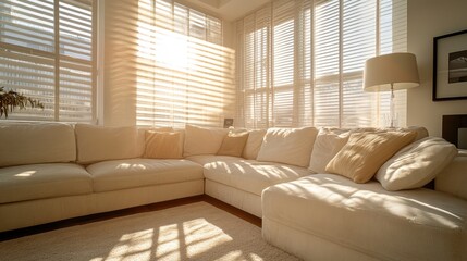 A spacious living room featuring a stylish couch, elegant lamp, and inviting decor, presented from an aerial perspective for a comprehensive view.