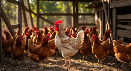 A Majestic White Rooster Stands Out Among a Flock of Brown Hen Chickens in a Rustic Farmyard Setting Basking in the Warm Glow of a Late Afternoon Sunlight