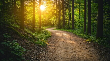 Obraz premium Serene forest path winding through lush greenery under a golden sunset, inviting exploration