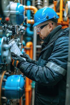 Man in a blue helmet and safety glasses is looking at a piece of paper