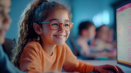 Cheerful students working together during coding class
