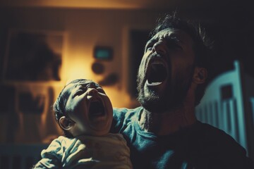 Father and baby screaming together, showing signs of stress and sleep deprivation