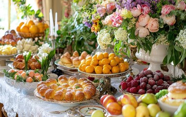 Easter brunch table filled with fresh fruit pastries and flowers