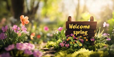 Sign with the words "welcome spring" written on it is placed in a field of flowers