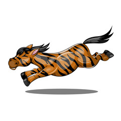 A brindle horse is jumping