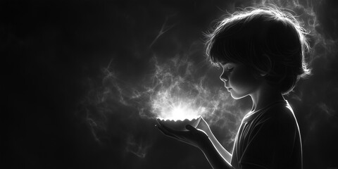 Obraz premium A stunning black and white digital artwork of a young child holding a glowing light in cupped hands, surrounded by a misty, ethereal atmosphere. 