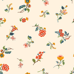 Seamless Millefleurs Floral vector Pattern with Small Hand-Drawn Flowers in Liberty Style. Vintage Spring Bouquet Design for Fashion Prints. Vertical floral wallpaper