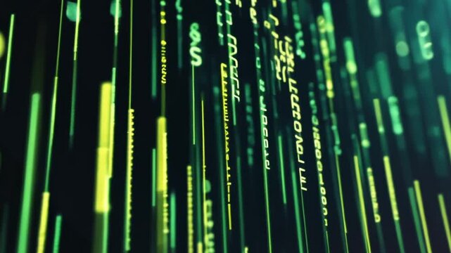 Abstract digital matrix with green glowing code, representing data and technology.
