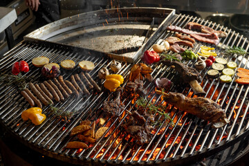 roasted meat and vegetables on the grill with flames and vegetables, close up
