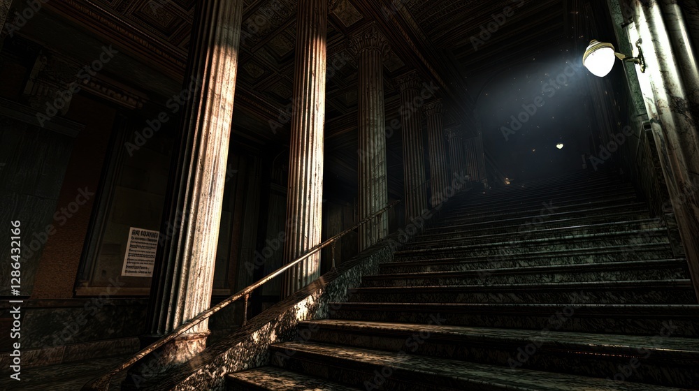 Wall mural dimly lit staircase with ornate columns leading to an unknown upper level, shadows cast dramatically