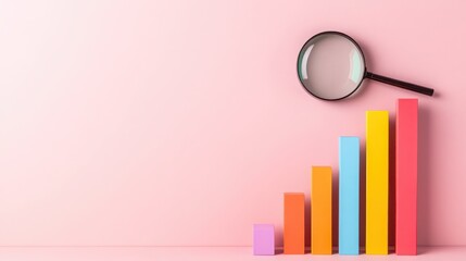 A colorful bar graph rising on a pink background, with a magnifying glass highlighting the growth in business metrics.