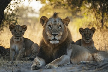Pride of lions resting under a tree in African savanna