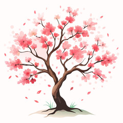 Cherry Blossom Tree in Watercolor Painting with Delicate Pink Flowers and Gentle Breeze Effect