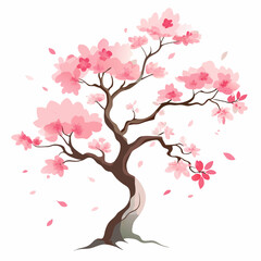 Cherry Blossom Tree in Watercolor Painting with Delicate Pink Flowers and Gentle Breeze Effect
