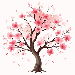 Cherry Blossom Tree in Watercolor Painting with Delicate Pink Flowers and Gentle Breeze Effect